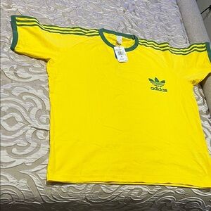 adidas Yellow Tee with Green Trim and Three-Stripes